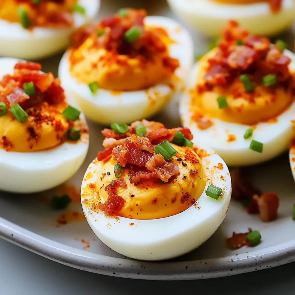 Spicy Deviled Eggs with Sriracha Bacon