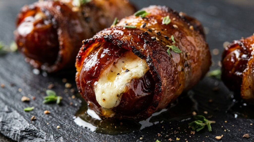 Ultra close-up macro of sizzling crispy bacon wrapped Medjool dates with molten goat cheese and hot honey