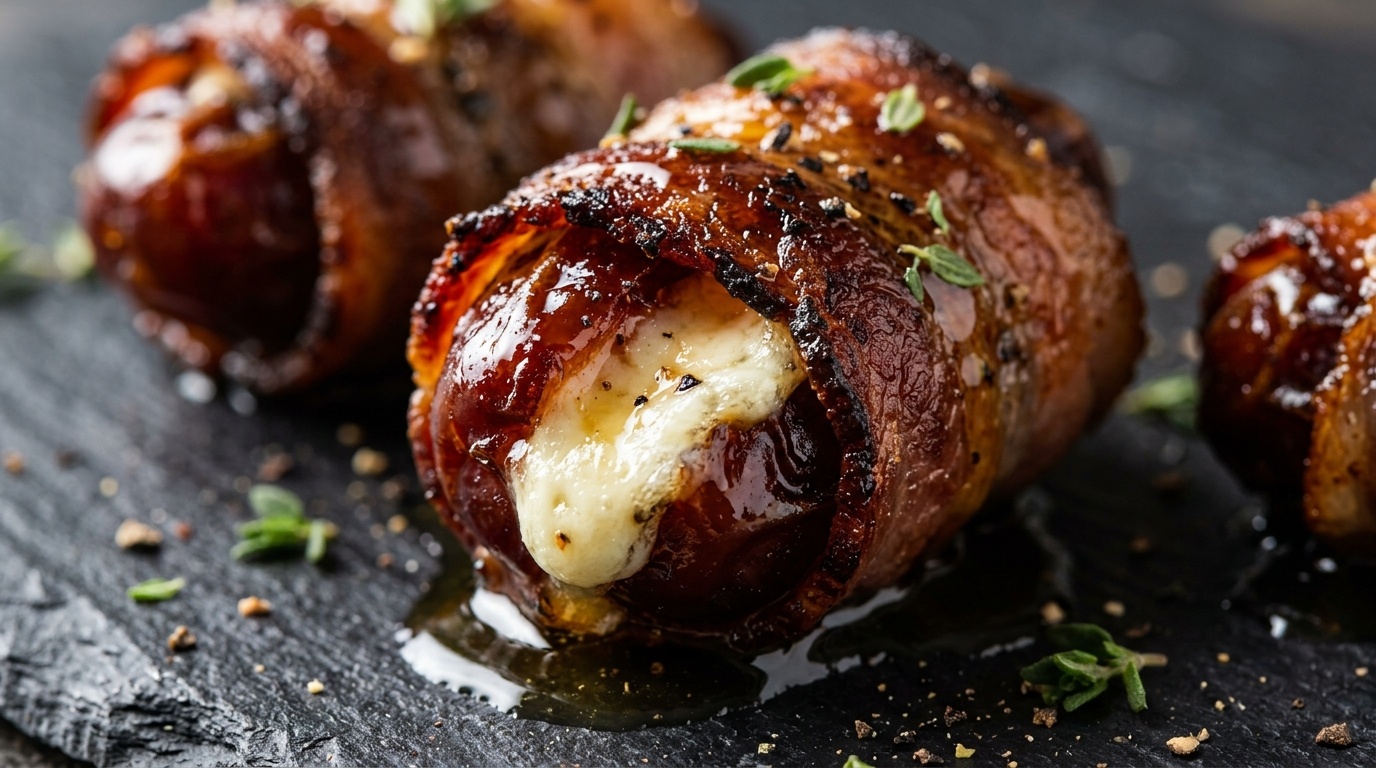 Ultra close-up macro of sizzling crispy bacon wrapped Medjool dates with molten goat cheese and hot honey