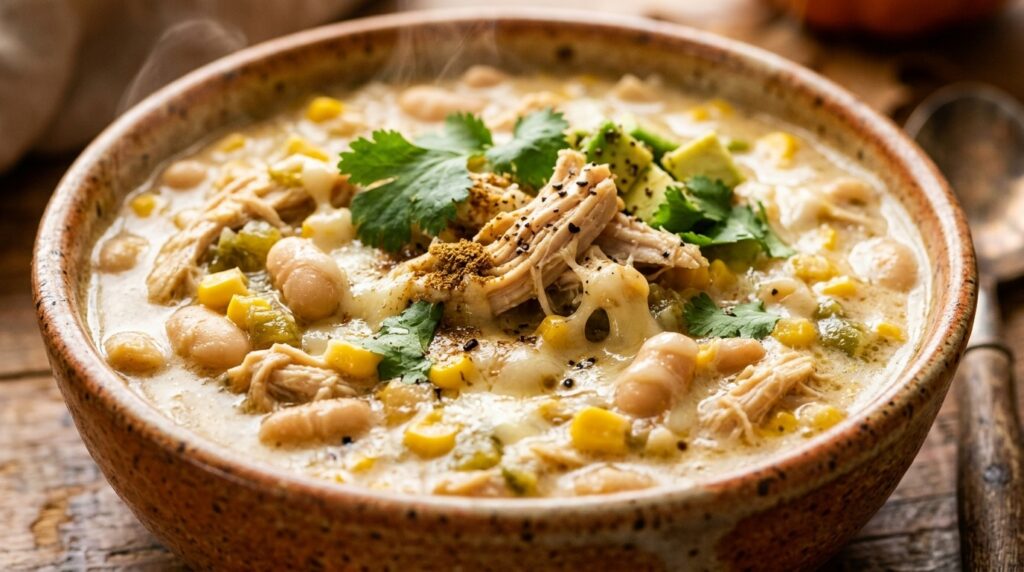 Ultra close-up of creamy white chicken chili with shredded chicken, white beans, and melted cheese