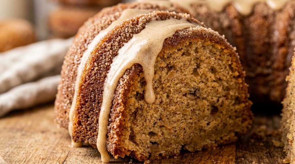 Ultra close-up of a slice of moist glazed apple cider donut bundt cake with cinnamon sugar crust and vanilla glaze