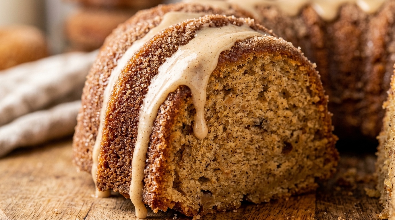 Ultra close-up macro of a slice of moist glazed apple cider donut bundt cake with crunchy cinnamon sugar coating and vanilla cider glaze