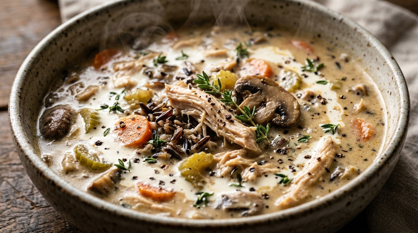 Ultra close-up macro of steaming hot velvety creamy chicken and wild rice soup loaded with shredded chicken, carrots, and wild rice