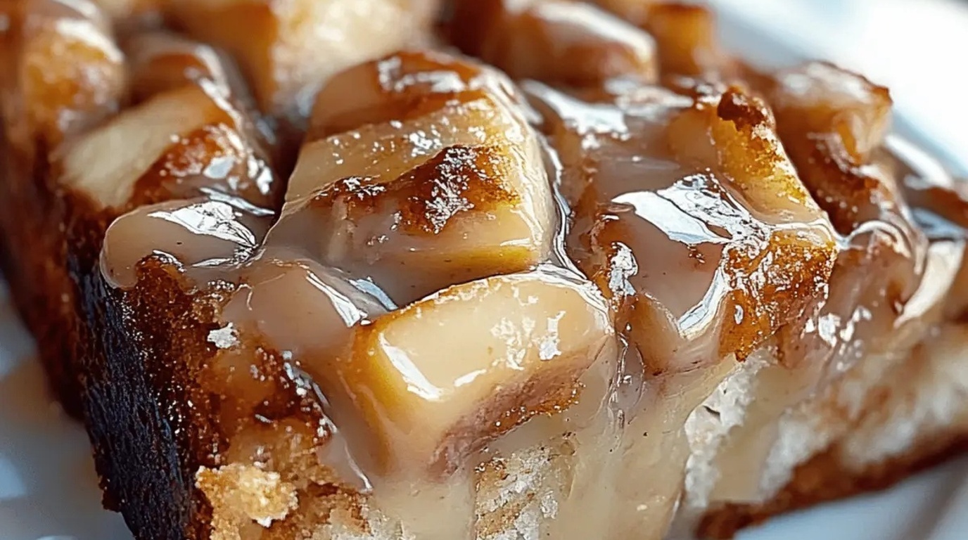 Ultra close-up macro of golden baked brioche French toast topped with warm cinnamon glazed apples