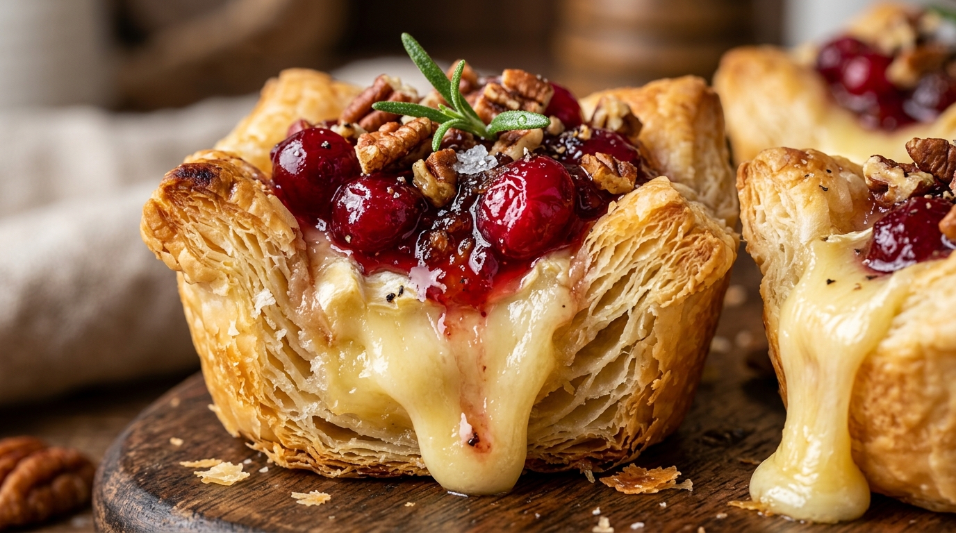 Ultra close-up macro of golden flaky cranberry brie puff pastry bites with melted cheese and ruby cranberries