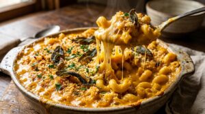 Ultra close-up macro of creamy roasted butternut squash mac and cheese with melted cheese pull
