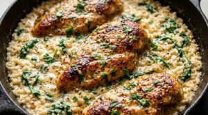 Ultra close-up macro of creamy garlic parmesan chicken and rice in skillet