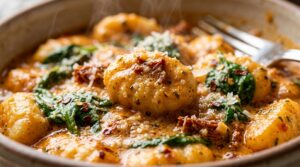 Ultra close-up of creamy Tuscan sun-dried tomato gnocchi