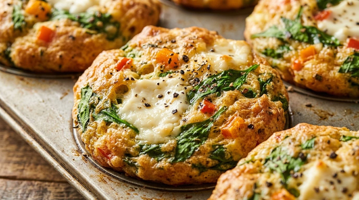 Ultra close-up macro of golden-baked fluffy spinach and feta breakfast egg muffins with melted white feta pockets and green spinach ribbons