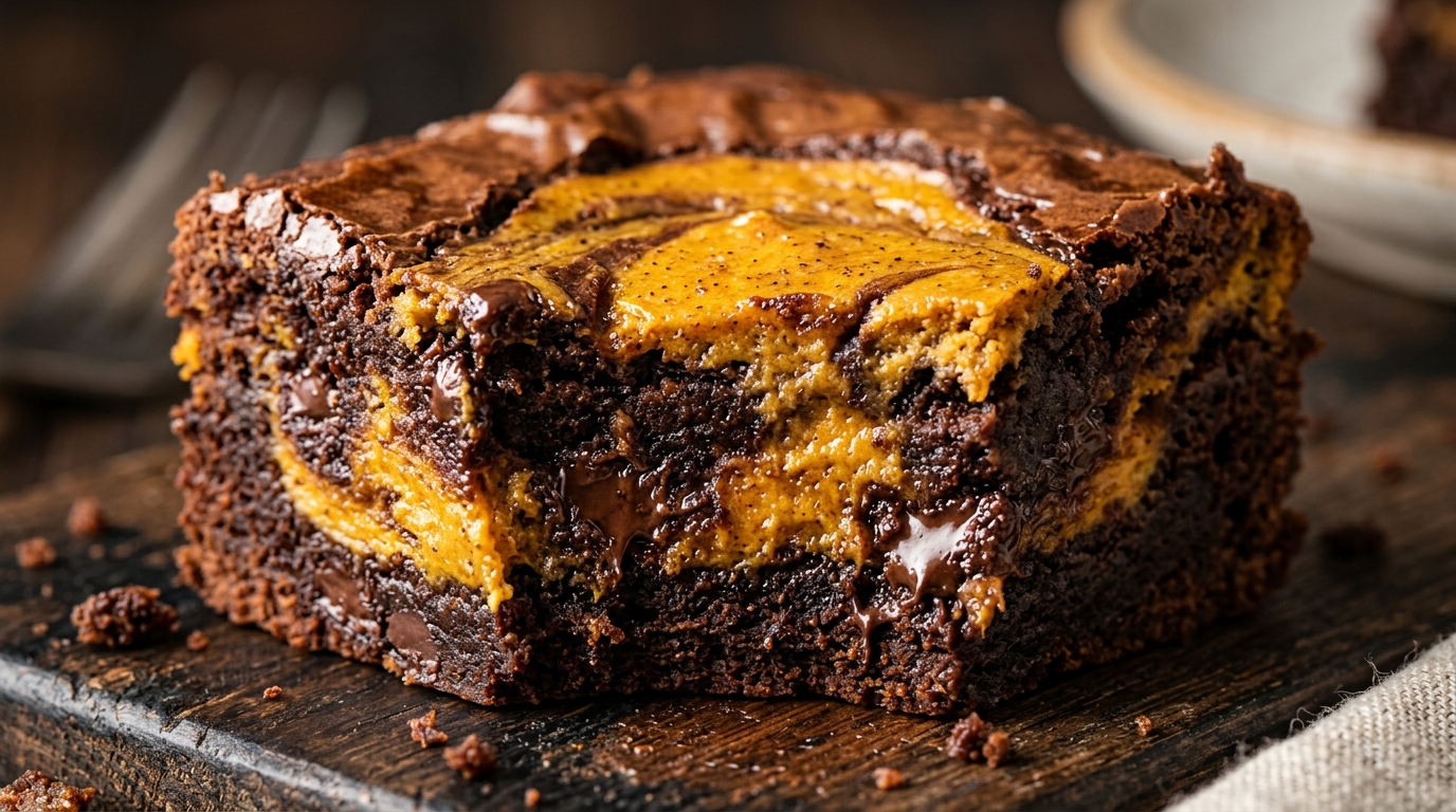 Ultra close-up macro of fudgy pumpkin cheesecake swirl brownies with crinkly crust and dark chocolate pockets