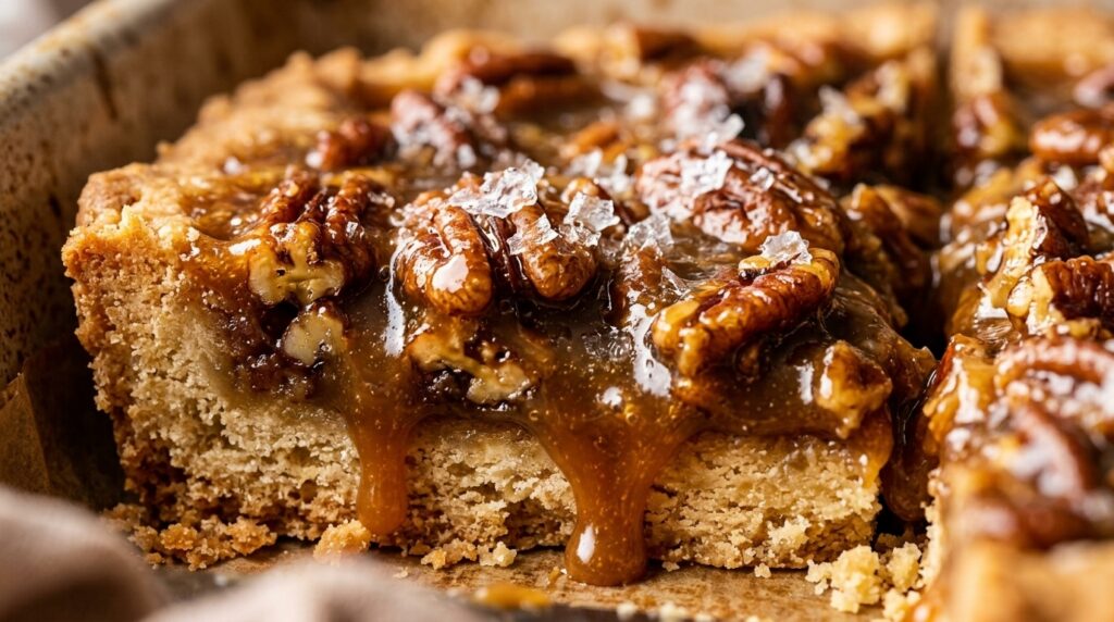 Ultra close-up macro of gooey salted caramel pecan pie bars with dripping caramel, toasted pecans, and flaky sea salt over golden shortbread