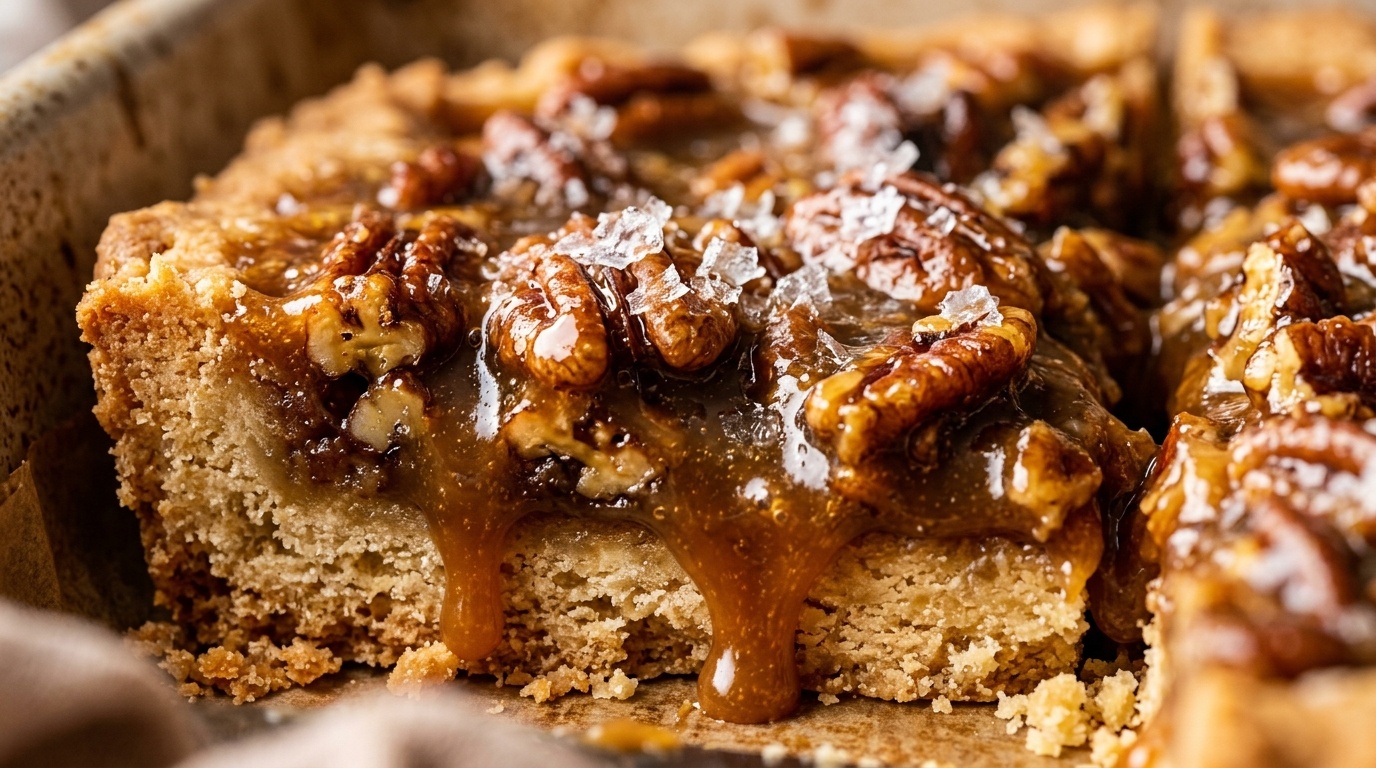 Ultra close-up macro of gooey salted caramel pecan pie bars with dripping caramel, toasted pecans, and flaky sea salt over golden shortbread