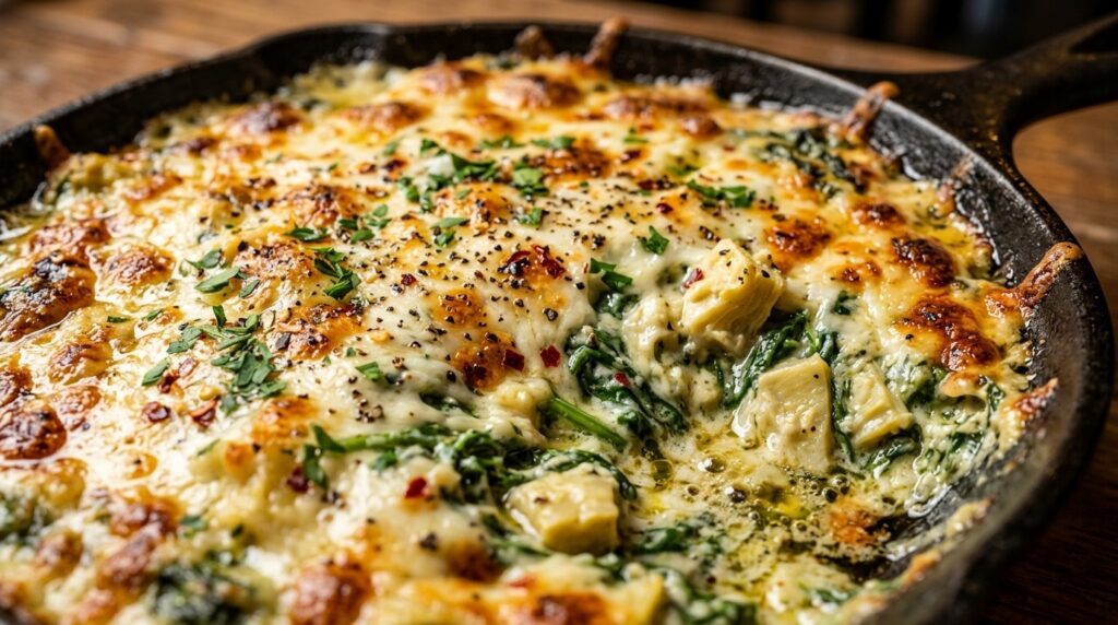 Ultra close-up macro of bubbling warm creamy spinach artichoke dip baked in cast iron skillet with golden browned mozzarella crust