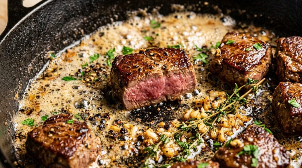 Ultra close-up macro of caramelized beef tenderloin steak bites sizzling in foaming garlic herb butter with fresh thyme