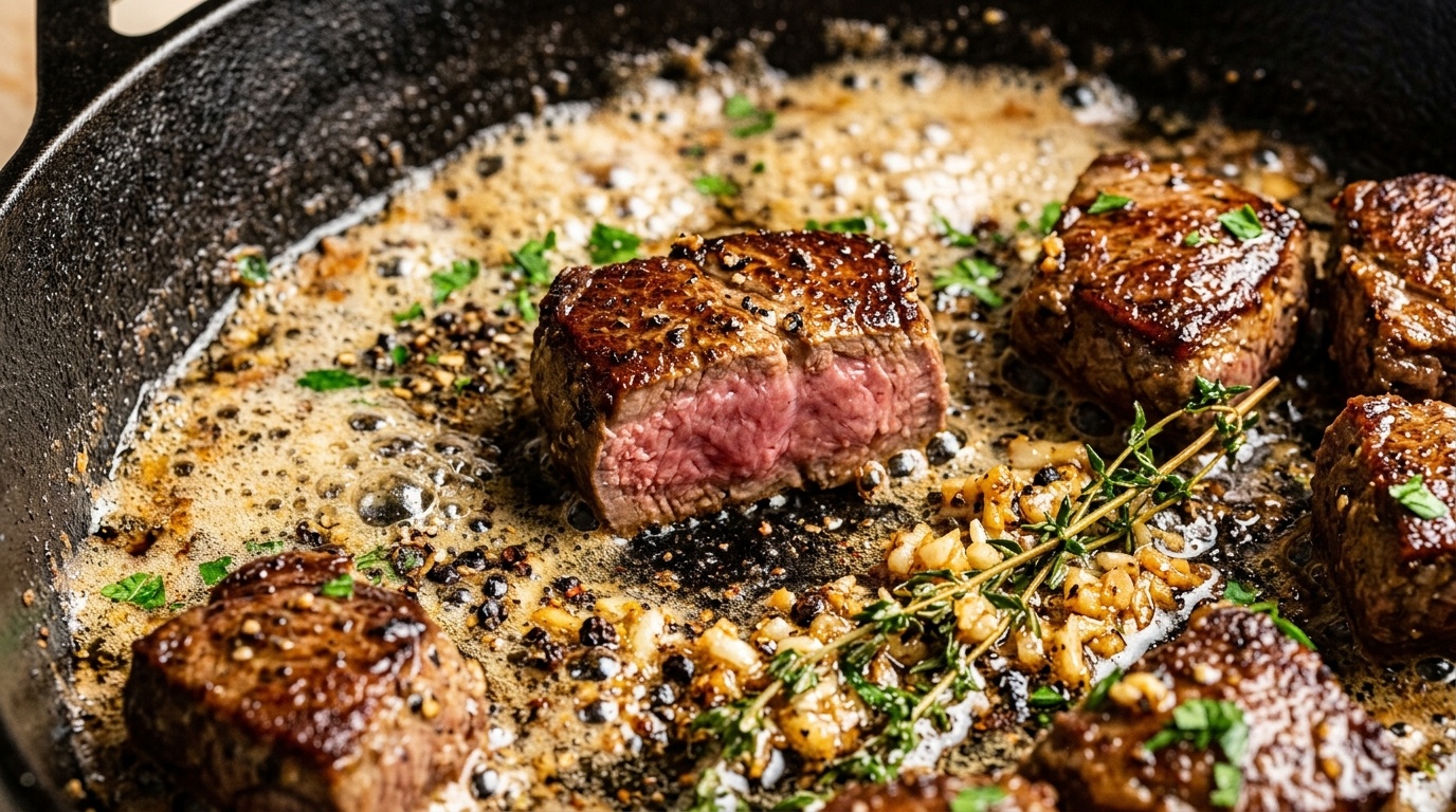 Ultra close-up macro of caramelized beef tenderloin steak bites sizzling in foaming garlic herb butter with fresh thyme