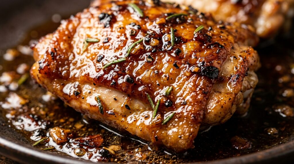 Ultra close-up macro of sticky honey balsamic glazed chicken thighs