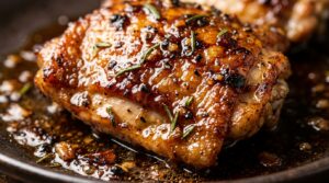 Ultra close-up macro of sticky honey balsamic glazed chicken thighs