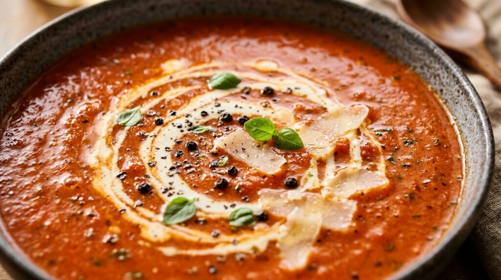 Ultra close-up macro of velvety red creamy roasted tomato basil soup swirled with cream, parmesan, and fresh basil