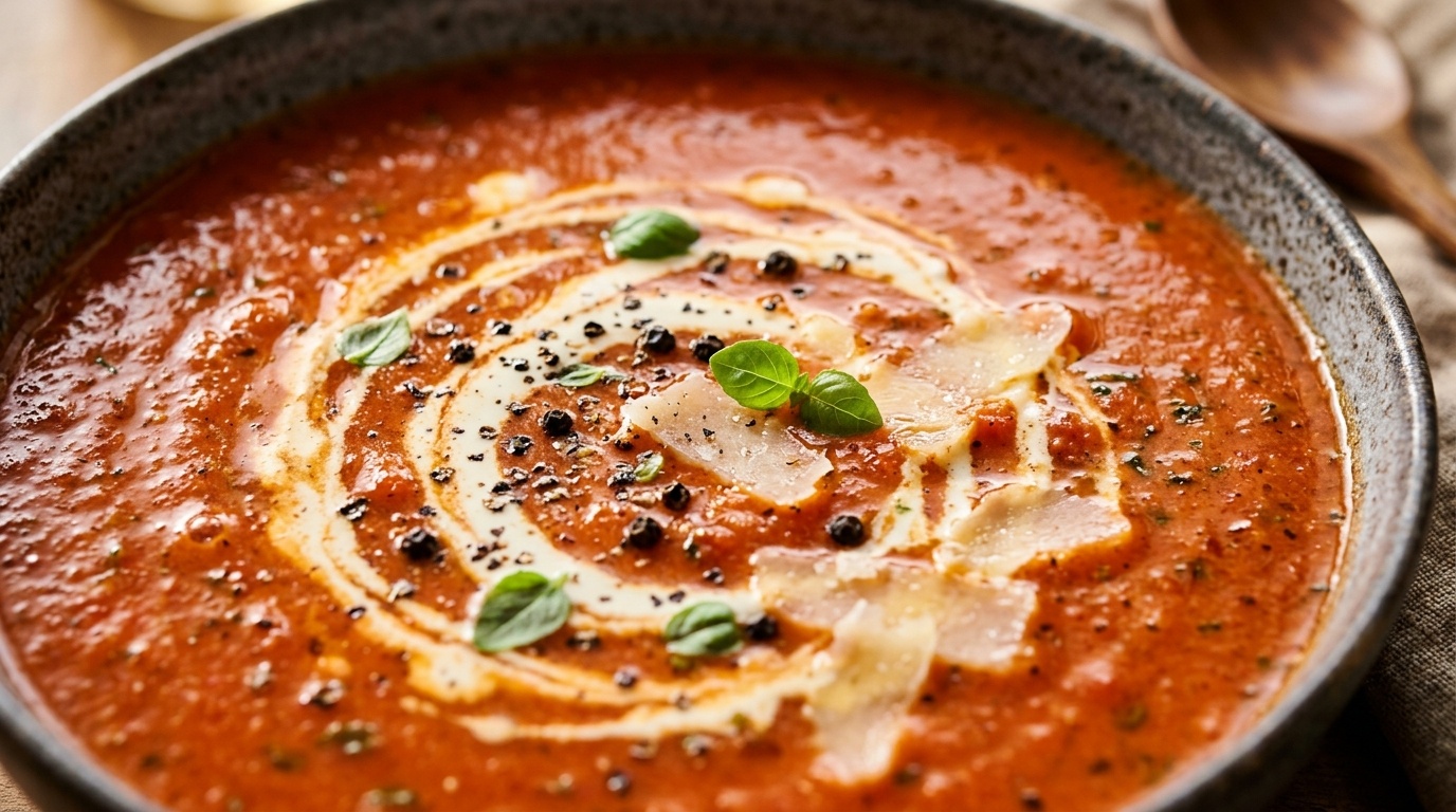 Ultra close-up macro of velvety red creamy roasted tomato basil soup swirled with cream, parmesan, and fresh basil