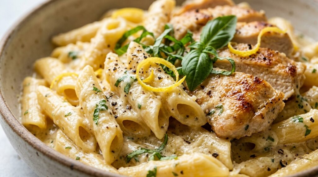 Ultra close-up macro of creamy lemon herb penne pasta with tender seared golden chicken breast cutlets, lemon zest, and fresh basil
