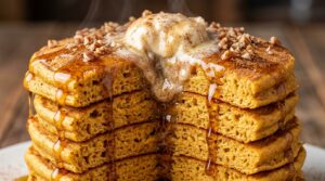 Ultra close-up macro of a towering stack of thick fluffy pumpkin spice buttermilk pancakes with melting cinnamon butter and pure maple syrup