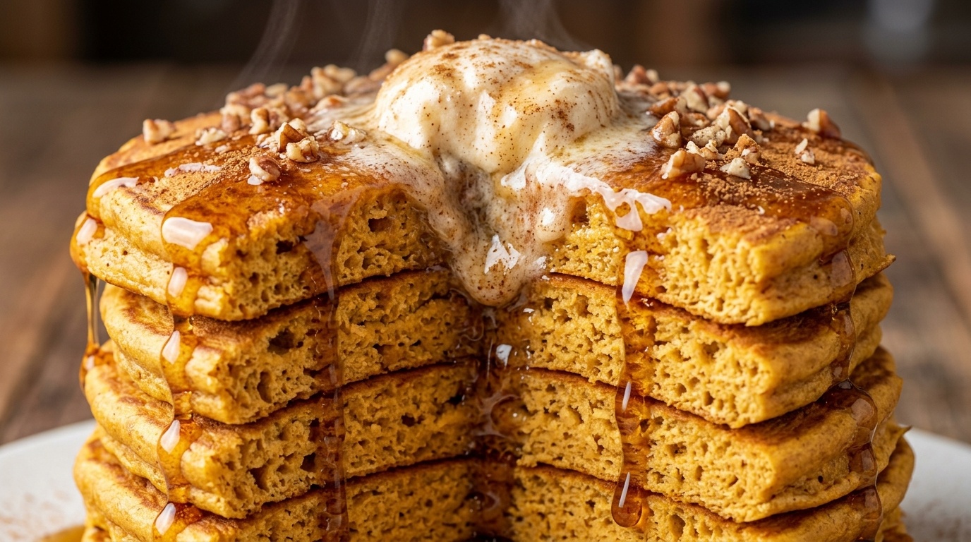 Ultra close-up macro of a towering stack of thick fluffy pumpkin spice buttermilk pancakes with melting cinnamon butter and pure maple syrup
