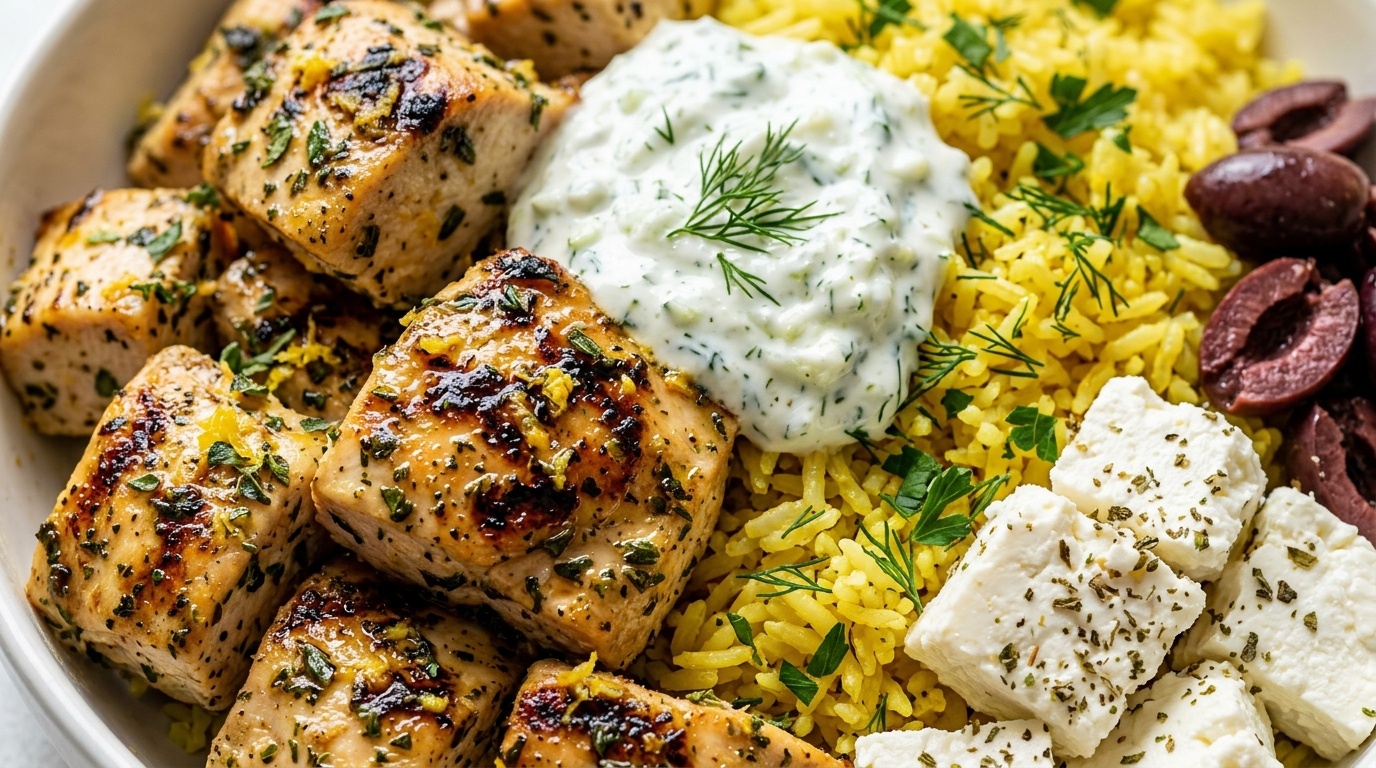 Ultra close-up macro of Mediterranean chicken rice bowl with golden grilled chicken, turmeric rice, creamy tzatziki, and feta