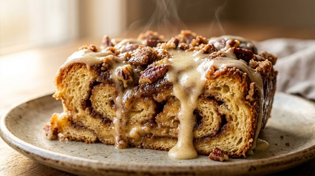 Ultra close-up macro view of freshly baked slice of cinnamon roll French toast casserole with dripping cream cheese glaze and pecans