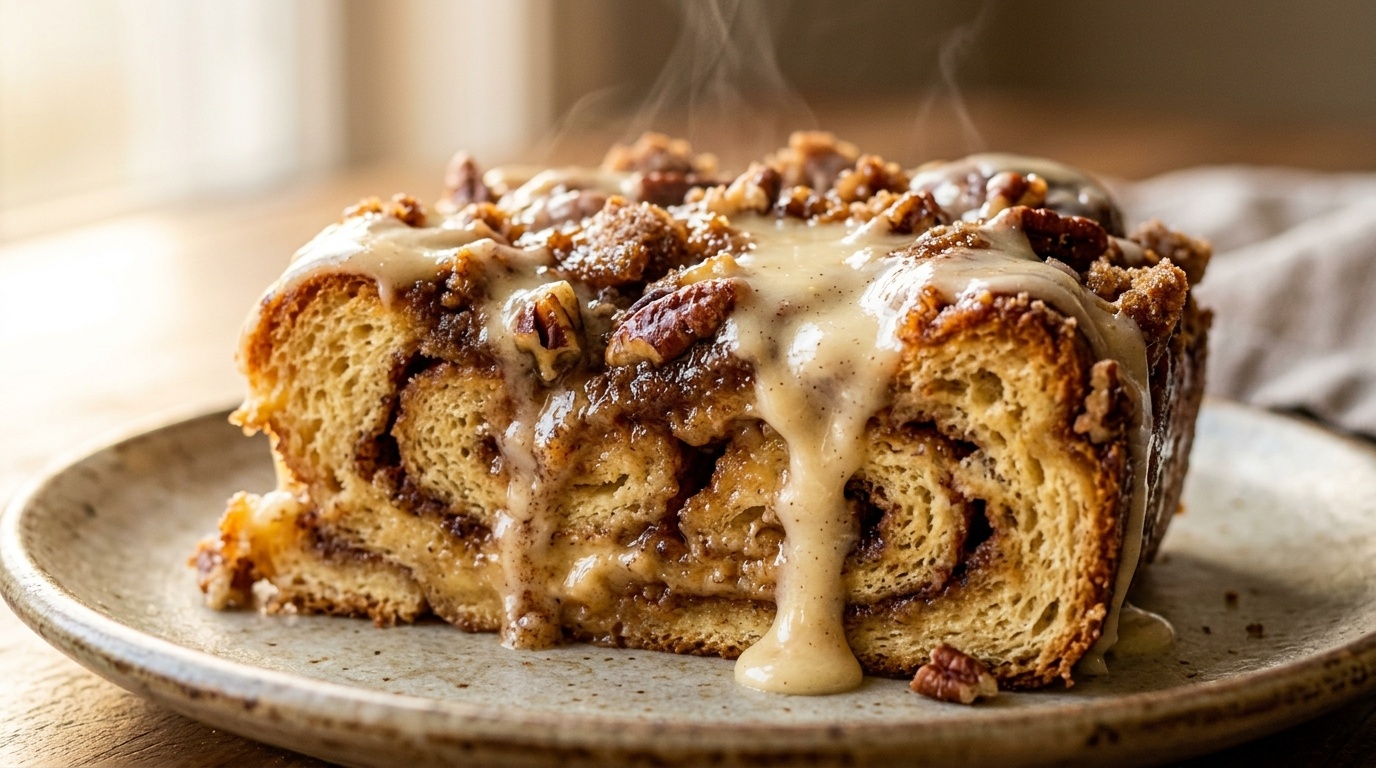 Ultra close-up macro view of freshly baked slice of cinnamon roll French toast casserole with dripping cream cheese glaze and pecans