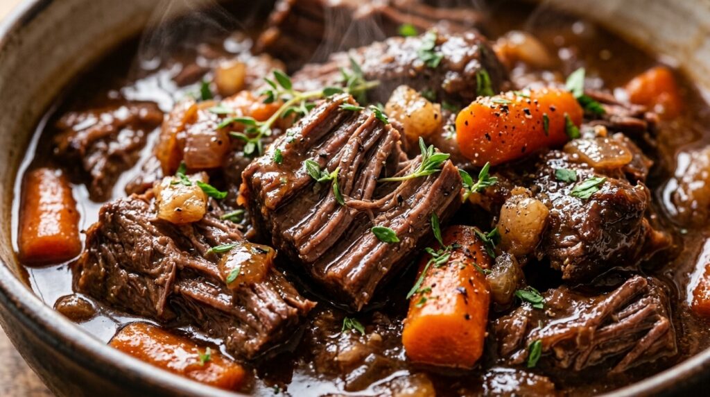 Ultra close-up macro view of tender slow cooker beef pot roast shredded into juicy chunks in glossy onion gravy