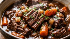 Ultra close-up macro view of tender slow cooker beef pot roast shredded into juicy chunks in glossy onion gravy