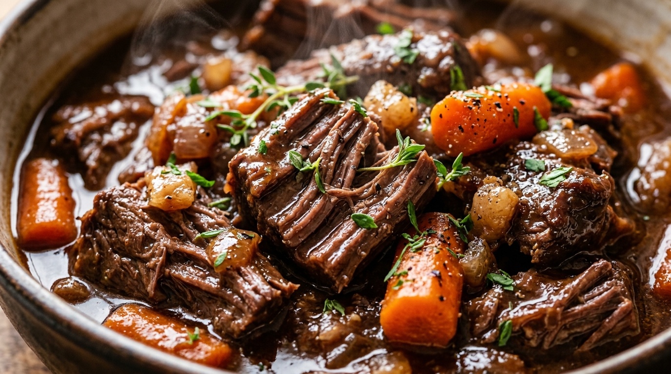 Ultra close-up macro view of tender slow cooker beef pot roast shredded into juicy chunks in glossy onion gravy