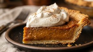 Ultra close-up macro of a slice of silky smooth Southern brown butter sweet potato pie with flaky crust and vanilla whipped cream