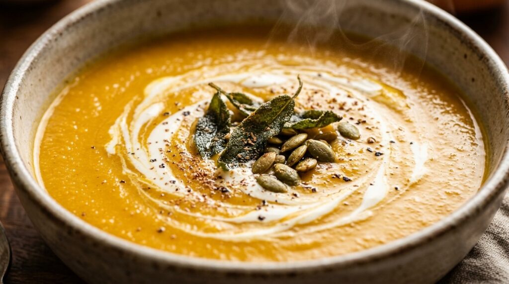Ultra close-up macro view of velvety golden roasted butternut squash soup with cream swirl, crispy sage, and pumpkin pepitas