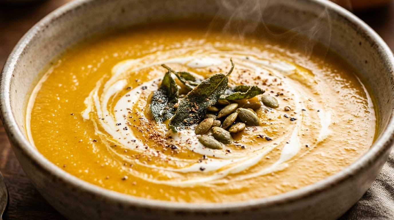 Ultra close-up macro view of velvety golden roasted butternut squash soup with cream swirl, crispy sage, and pumpkin pepitas