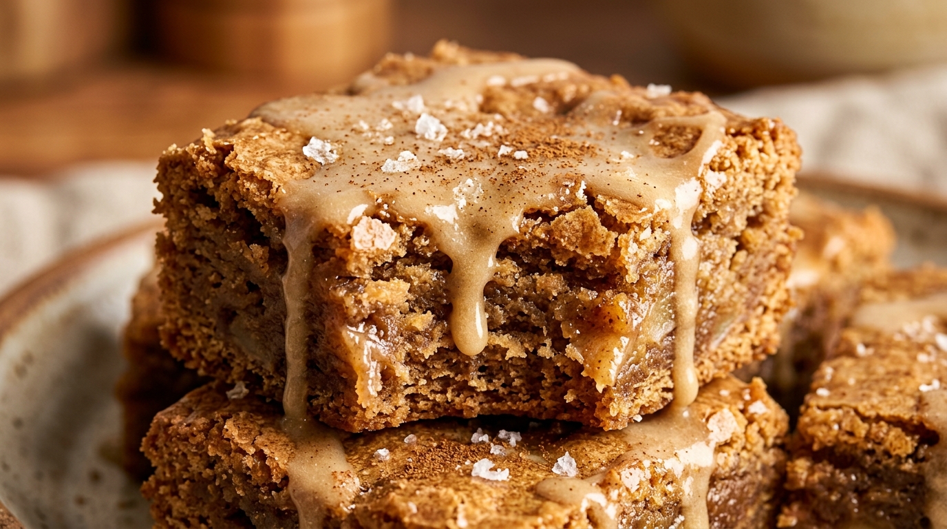 Ultra close-up macro of thick chewy apple cider blondies with cascading salted maple glaze and sea salt flakes