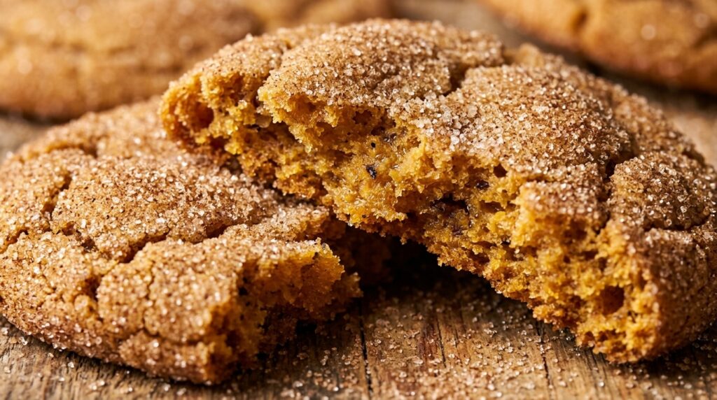 Ultra close-up macro of chewy brown butter pumpkin snickerdoodle cookies with crackly cinnamon sugar and moist crumb