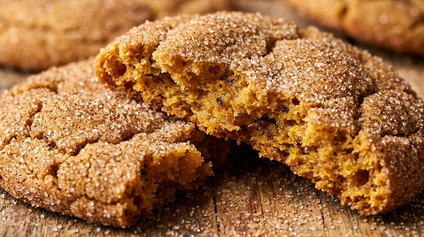 Ultra close-up macro of broken chewy brown butter pumpkin snickerdoodle cookie showing moist crumb and crackly cinnamon sugar
