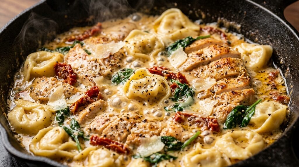 Ultra close-up macro of creamy tuscan chicken tortellini with sun dried tomatoes, wilted spinach, and parmesan sauce