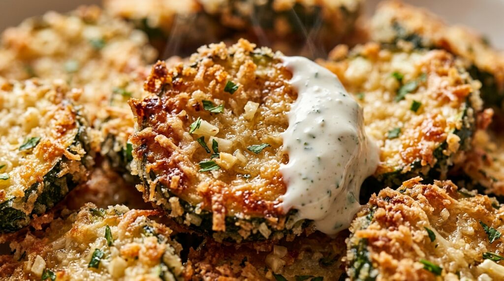Ultra close-up macro of crispy baked garlic parmesan zucchini bites with golden panko crust, fresh parsley, and creamy garlic dipping sauce