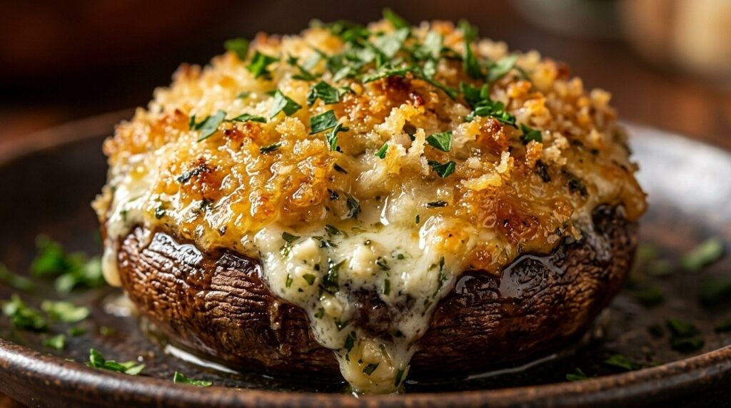 Ultra close-up macro of piping hot Crispy Garlic Herb Parmesan Stuffed Mushrooms with melted cheese and golden crust