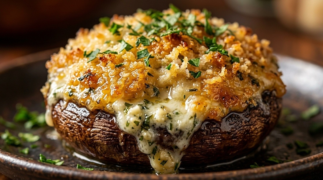 Ultra close-up macro of piping hot Crispy Garlic Herb Parmesan Stuffed Mushrooms with melted cheese and golden panko crust