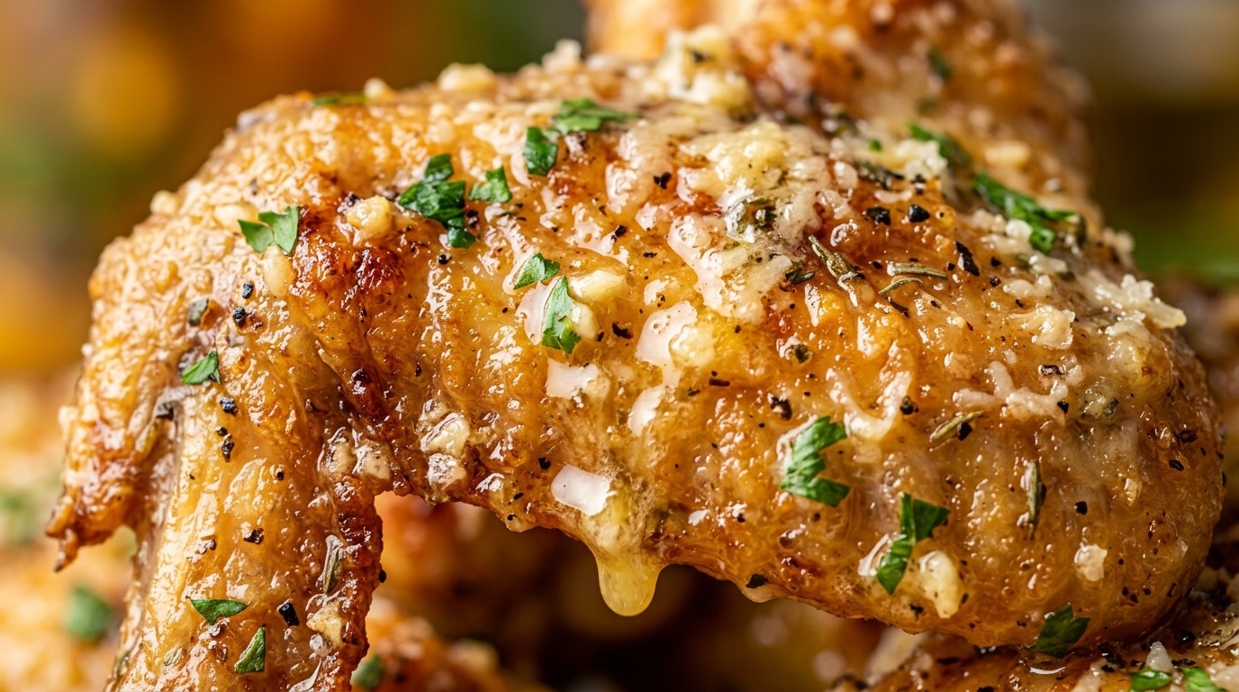 Ultra close-up macro of golden crispy baked chicken wings tossed in rich garlic herb butter and aged parmesan cheese
