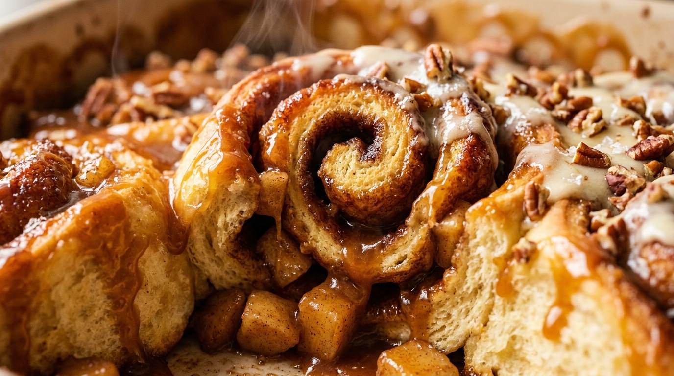Ultra close-up macro of gooey caramel apple cinnamon roll bake with melting cream cheese glaze and salted caramel
