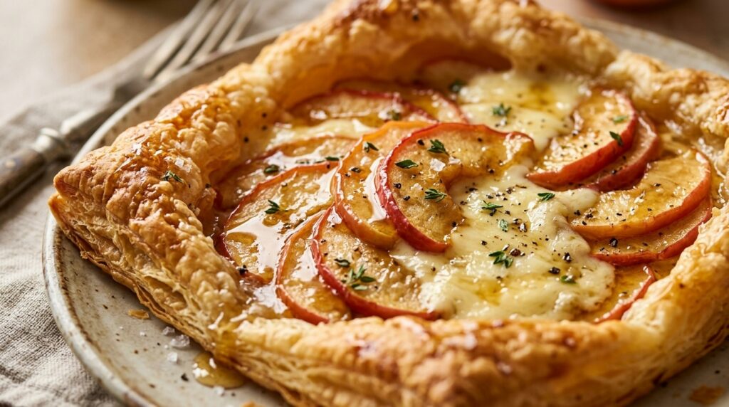 Ultra close-up macro of golden honey apple and brie puff pastry tart with bubbling cheese and fresh thyme