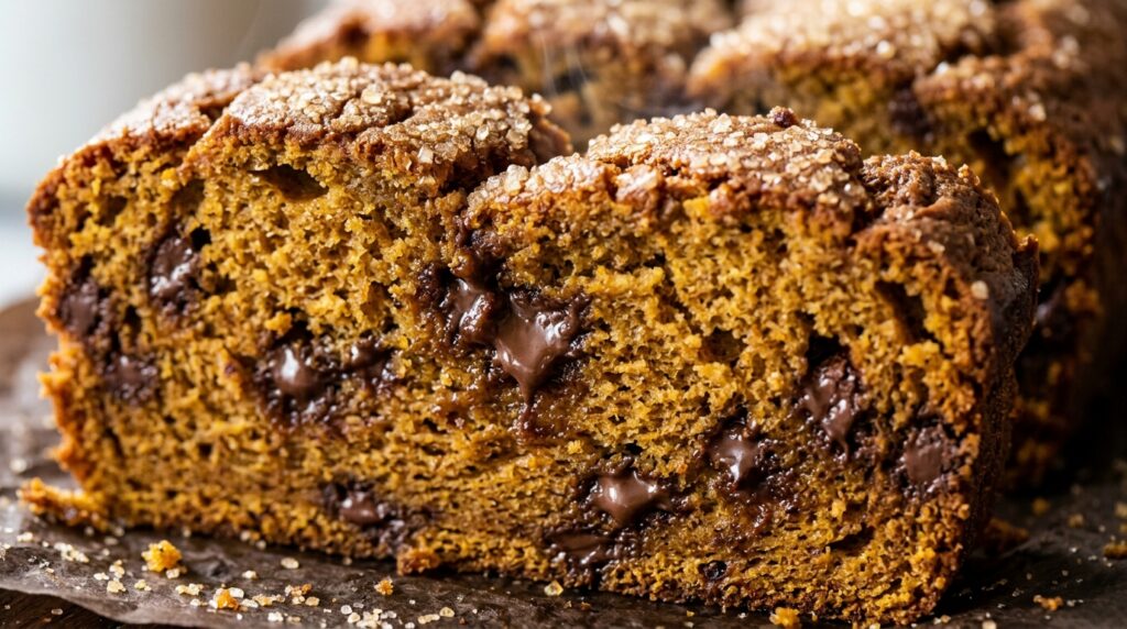 Ultra close-up macro of moist bakery-style chocolate chip pumpkin bread with glistening melted dark chocolate chips and crackly spiced crust
