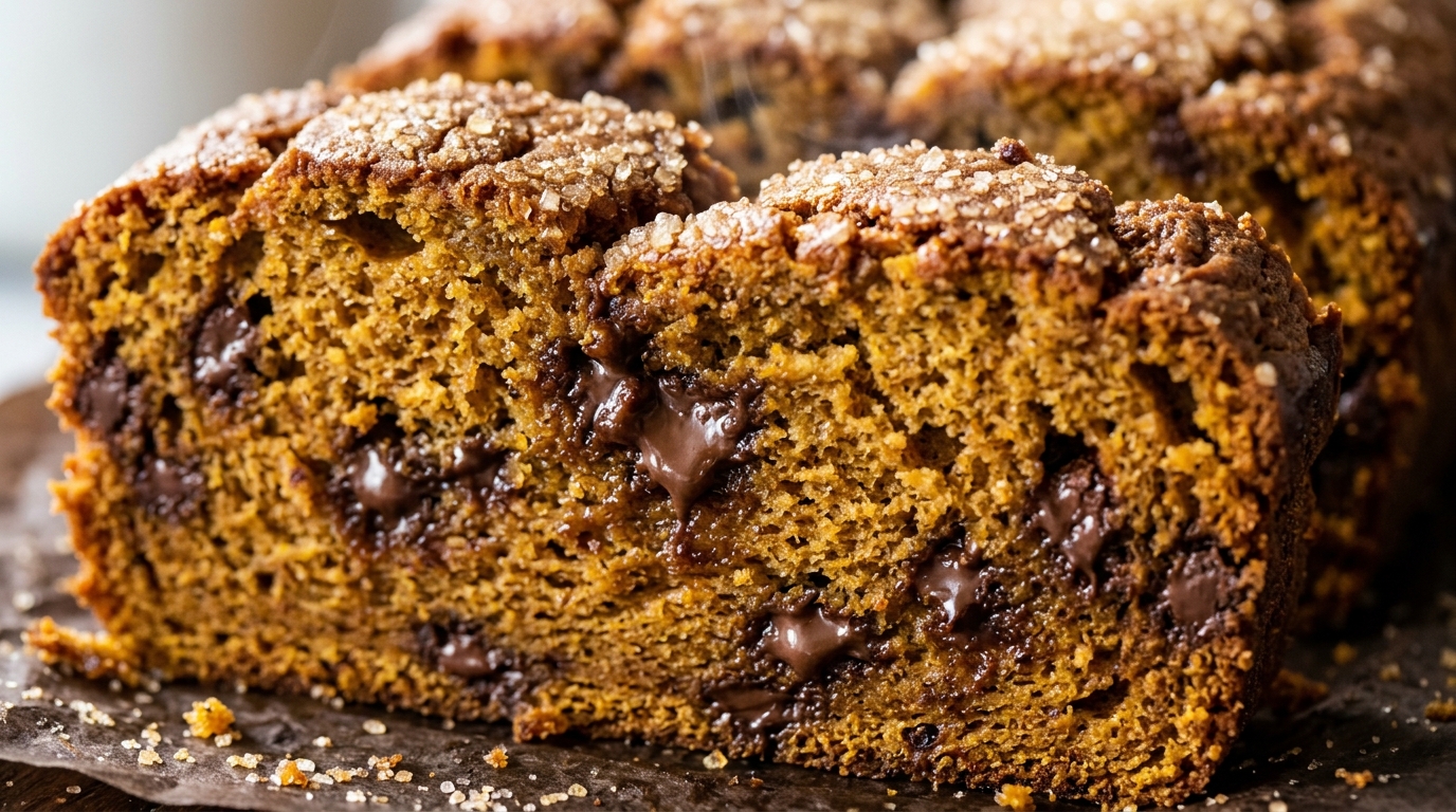Ultra close-up macro of moist bakery-style chocolate chip pumpkin bread with glistening melted dark chocolate chips and crackly spiced crust