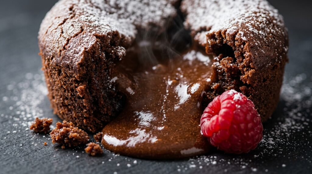 Ultra close-up macro of an easy molten dark chocolate lava cake split open with warm glossy chocolate ganache flowing from its center