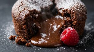 Ultra close-up macro of an easy molten dark chocolate lava cake split open with warm glossy chocolate ganache flowing from its center