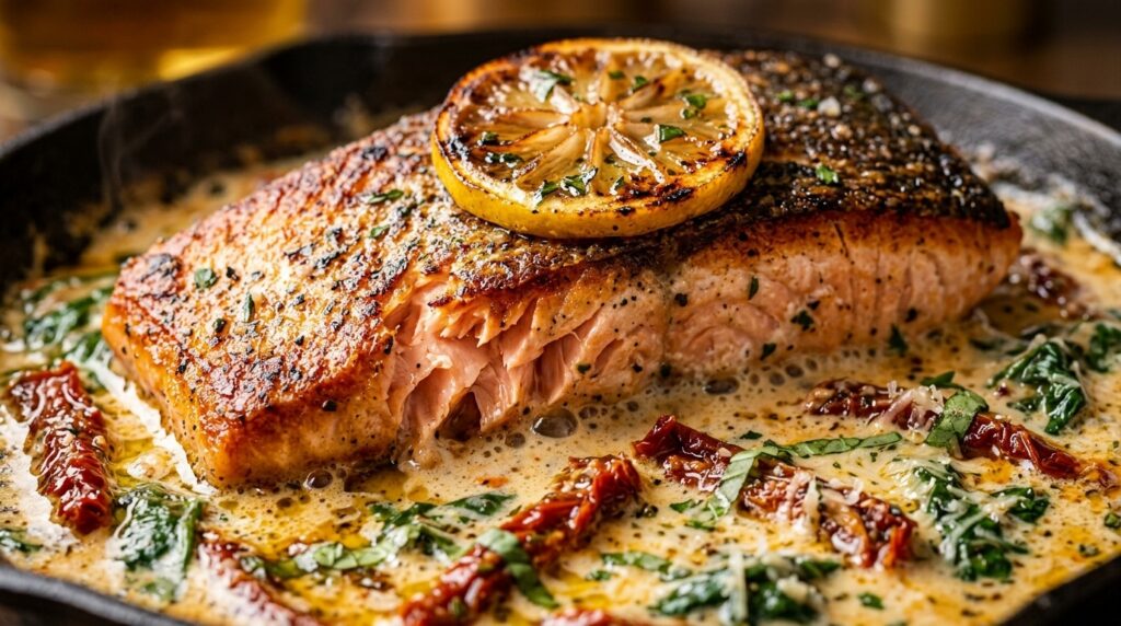 Ultra close-up macro of One-Pan Creamy Tuscan Garlic Butter Salmon simmering in sun-dried tomato cream